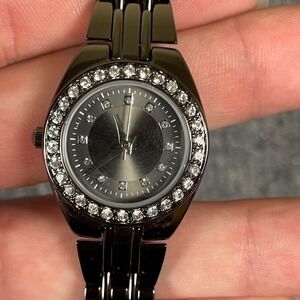 FMD Womens Black Gunmetal Rhinestone Bezel Bracelet Watch Stainless‎ Steal Japan